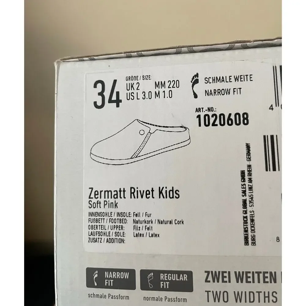 Newt Birkenstock Zermatt Rivet Kids Girls 34/ US 3 Soft Pink Shearling Slippers